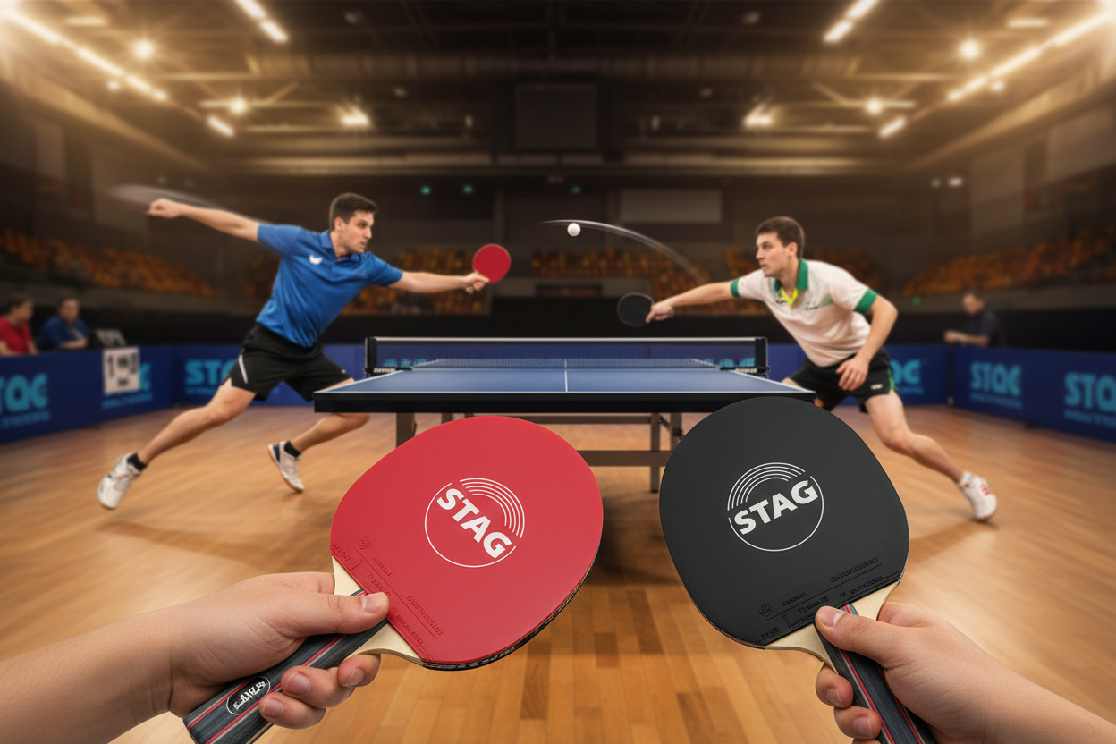 Generate an image of people playing table tennis with stag table tennis rackets as the hero of the image